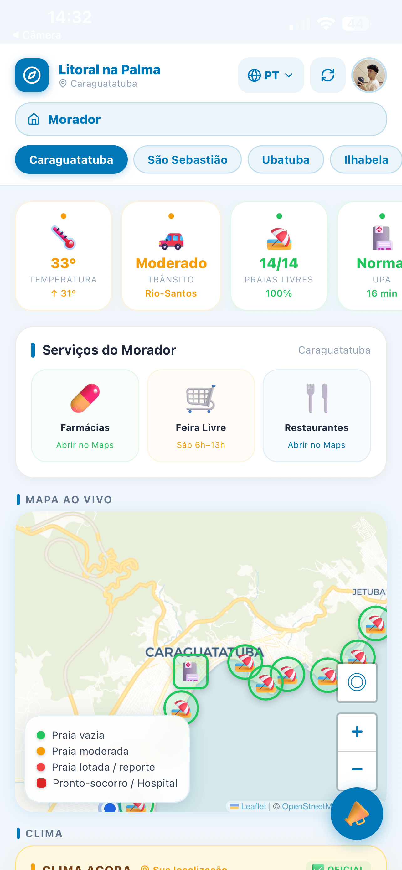 Painel do morador no app Litoral na Palma: clima, trânsito, UPA e mapa ao vivo